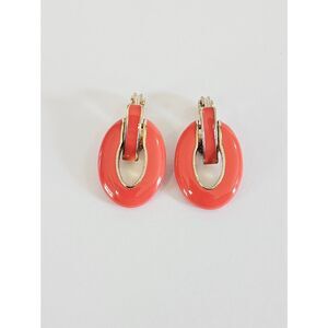 Vintage Signed HMN Mod Gold-Tone Coral Enamel Hinged Oval Drop Clip On Earrings